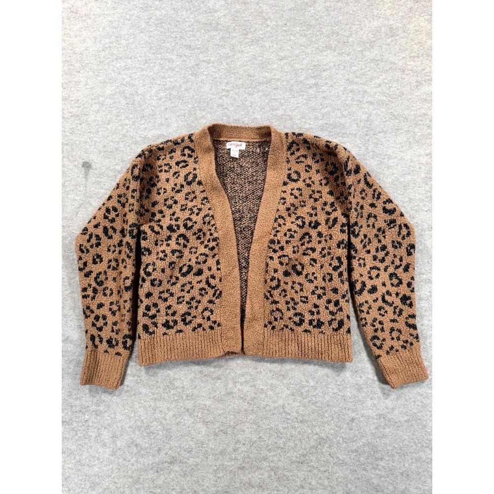 Cat & Jack Cardigan Sweater Girls M (7/8) Brown Black Leopard Print Open Front